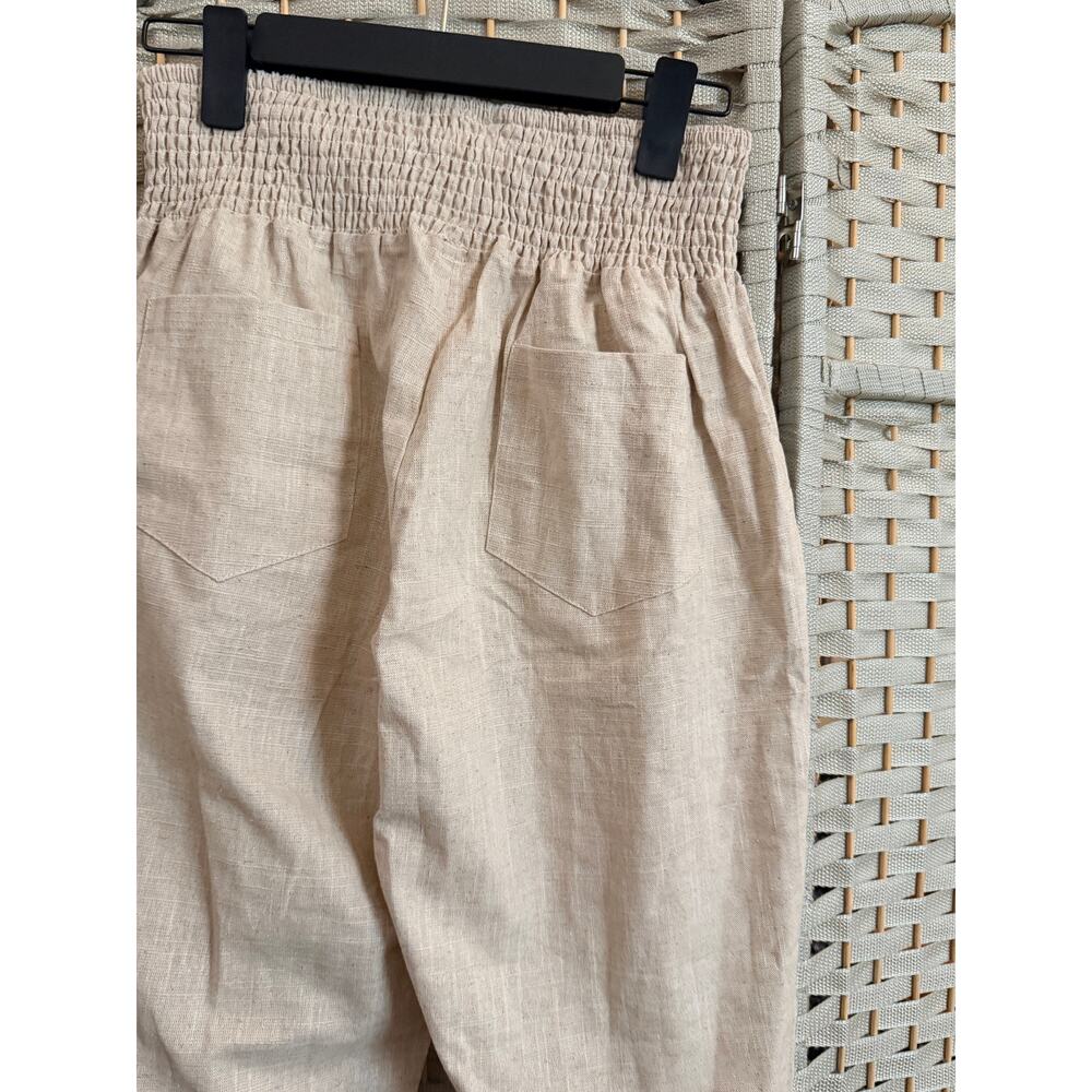 Emme Smocked Waistband Linen Pants Medium Beige NWT Cropped Length Pull On - Picture 11 of 13